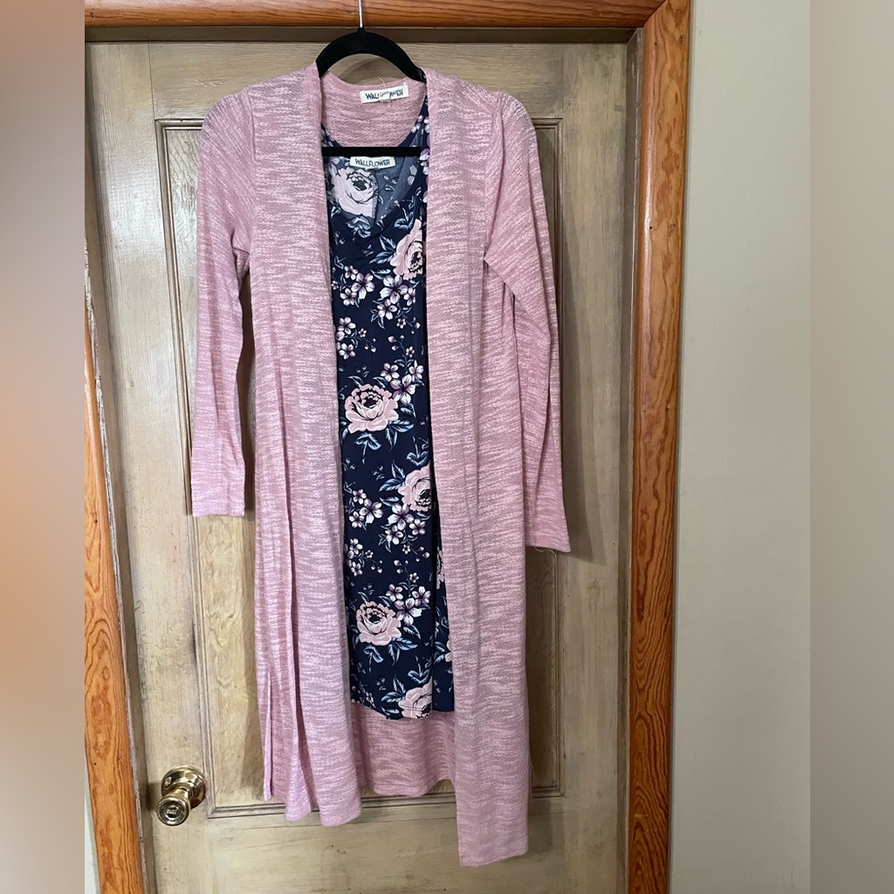 Juniors Medium Wallflower Dark Blue Tank Dress with Pink Flowers & Cardigan